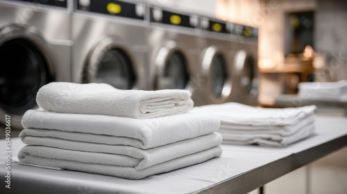 Stunning photo of pro laundry service with clean white folded linens, towels. Industrial washing machines on background in laundromat. Commercial cleaning, ironing, pressing for.