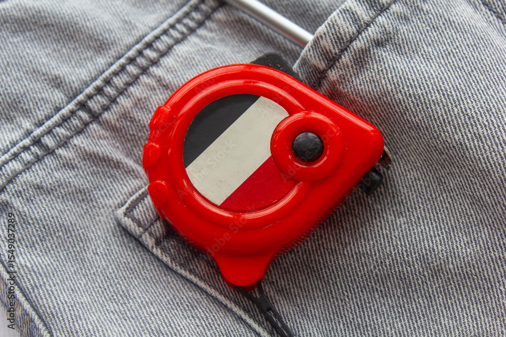 Naklejka premium tape measure, construction tools for repair, photo background, builder's day, jeans, repair, tape measure for measurements