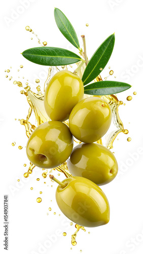 Green olives splashing with extra virgin olive oil on transparent background