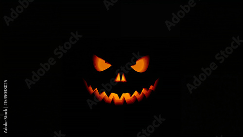 Glowing halloween pumpkin showing scary face in the dark