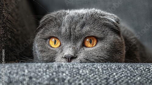 Scottish fold cat with orange eyes resting on grey sofa, close-up portrait - Serene feline elegance in soft natural light
