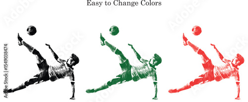 Silhouette of Pro male football Player Executing overhead upside down Bicycle Kick isolated on background.