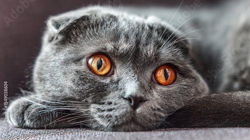 Scottish fold cat with orange eyes resting on grey sofa, close-up portrait - Serene feline elegance in soft natural light
