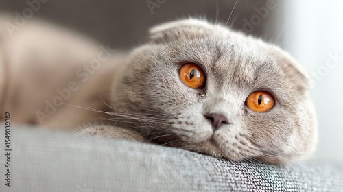 Scottish fold cat with orange eyes resting on grey sofa, close-up portrait - Serene feline elegance in soft natural light
