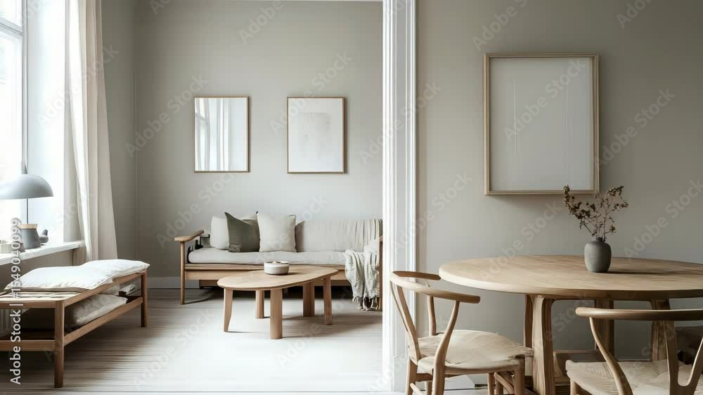 Compact Scandinavian room with soft neutral tones, wooden furniture, cozy seating and natural daylight streaming in Compact Scandinavian room with soft neutral tones, wooden furniture, cozy seating and natural daylight streaming in