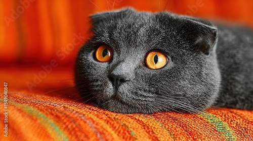 Scottish fold cat with orange eyes resting on grey sofa, close-up portrait - Serene feline elegance in soft natural light
