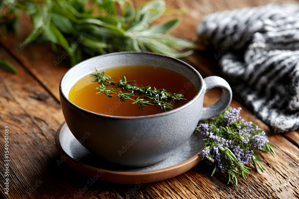 Herbal tea with thyme and fresh herbs for boosting immunity Generative AI Herbal tea with thyme and fresh herbs for boosting immunity Generative AI