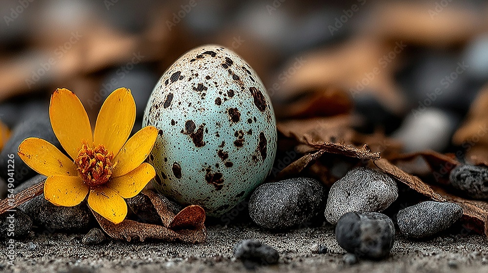 Obraz premium A yellow flower sits on top of a rocky pile next to an egg