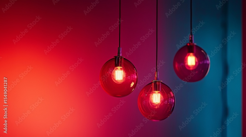 Red glowing pendant lights hanging on blue wall in modern minimal interior lighting design scene Red glowing pendant lights hanging on blue wall in modern minimal interior lighting design scene