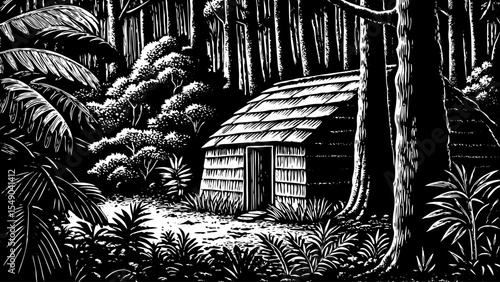 quiet tropical rainforest hut surrounded by towering trees, and rich plant textures, a black and white sketch vector