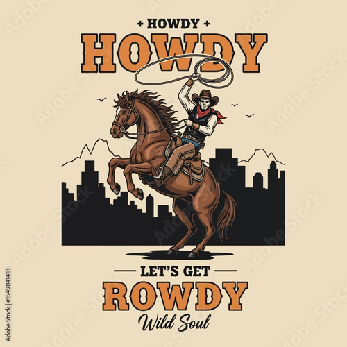 Howdy Partner! Wild West Cowboy Riding Horse Cityscape Illustration