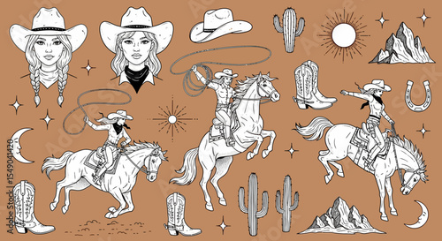 Cowgirl Western Line Art Illustrations Horses, Cactus, and Desert Sunset