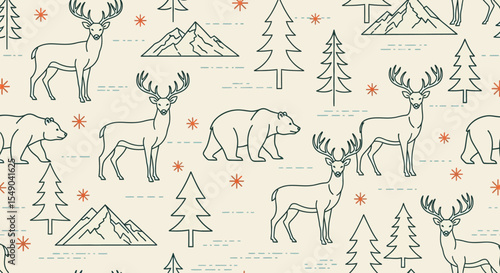 Elegant Line Art Wildlife Seamless Pattern Deer, Bear, Mountains, and Trees