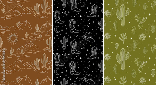 Desert Southwest Cactus Cowboy Boots Seamless Patterns Vector Illustration