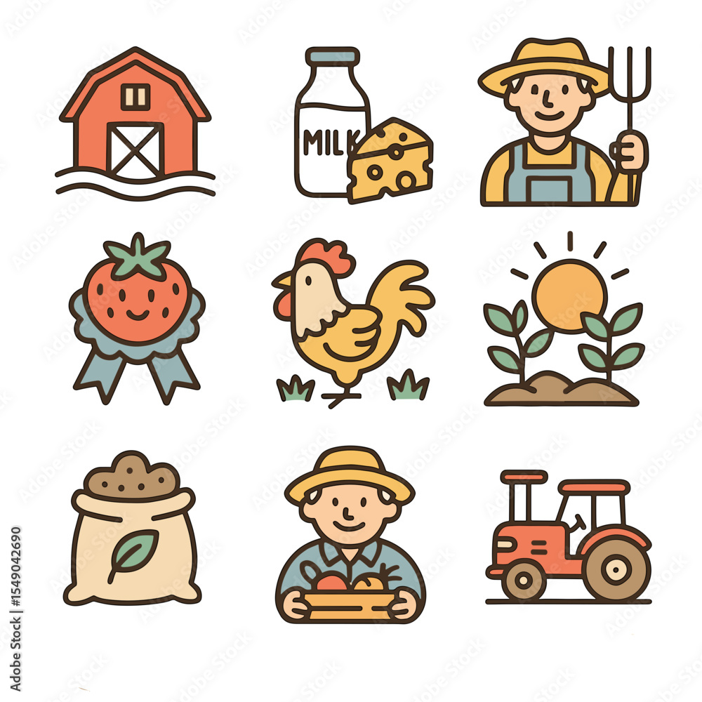 Obraz premium Doodle vector icons set featuring farm animals and agriculture 