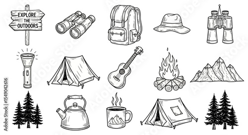 Camping and Hiking Adventure Hand-Drawn Illustrations of Essential Gear and Scenery