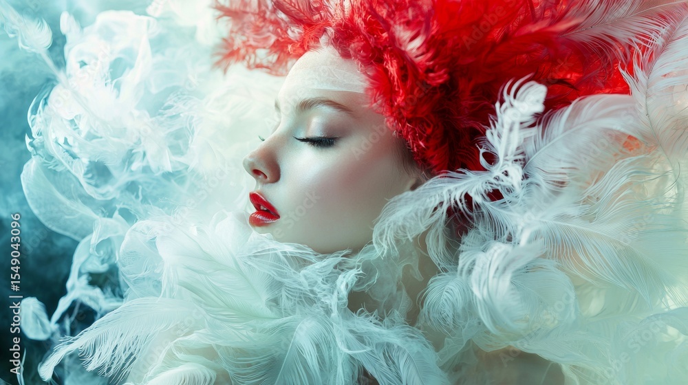 Fototapeta premium Fantasy woman with white and red hair surrounded by feathers and tulle in dreamy surreal portrait artwork