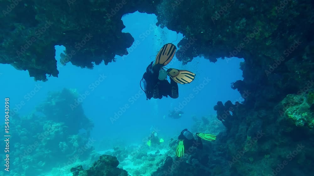 Follows divers swimming one after another under coral arch on blue water background, Back view, Slow motion of group of scuba divers swim in a large coral tunnel