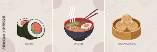 Modern icon sheet of sushi roll, ramen bowl, and dumplings on steamer – Great for Asian food branding, editorial content, or cooking sites