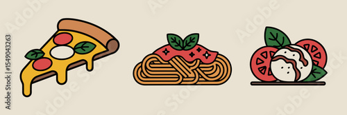 Clean icon set of pizza, spaghetti, and Caprese salad on beige background – Suitable for Italian cuisine branding, packaging, or editorial use