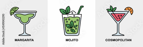 Vector icons of margarita, mojito, and cosmopolitan on white