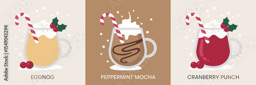 minimalist festive vector icons of eggnog peppermint mocha and cranberry punch on snow-dusted background – great for seasonal digital platforms