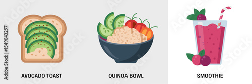 Bright vector icon set of vegan dishes with avocado toast, quinoa bowl, and smoothie – Ideal for plant-based food promotions, meal prep guides, or wellness branding
