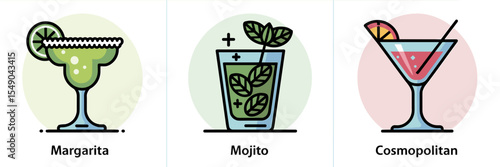 Icon set of margarita, mojito, and cosmopolitan cocktails
