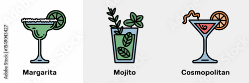 Classic cocktail icons with margarita, mojito, and cosmopolitan