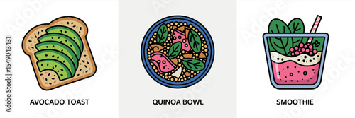 Minimalist vegan food icons with avocado toast, quinoa bowl, and smoothie – Perfect for wellness content, recipe apps, or modern restaurant menus