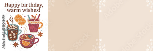 cozy birthday card with hot chocolate, mulled wine, and chai tea icons – ideal for winter greetings, holiday celebrations, or warm drink promotions