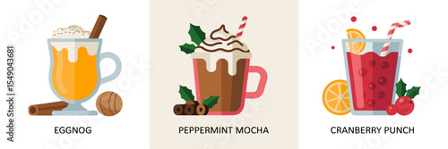 modern vector icons of eggnog peppermint mocha and cranberry punch with subtle gradients – ideal for holiday marketing or seasonal design