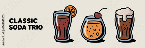 Retro-style soda icon trio featuring cola, orange soda, and root beer