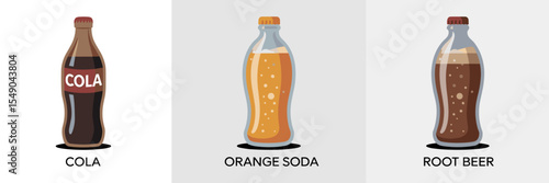 Vector illustration of three soda icons: cola, orange soda, and root beer bottles