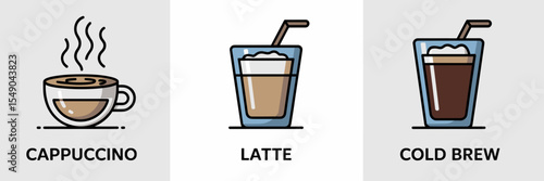 Coffeehouse drink icons with cappuccino, latte, and cold brew – Great for coffee shop menus, cafe branding, or app design