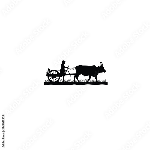 Silhouette of a farmer plowing a field with a bullock cart on white background