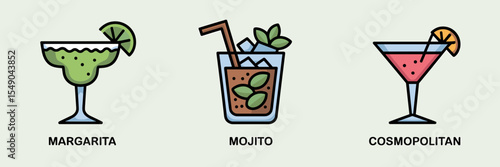Minimalist cocktail icons of margarita, mojito, and cosmopolitan