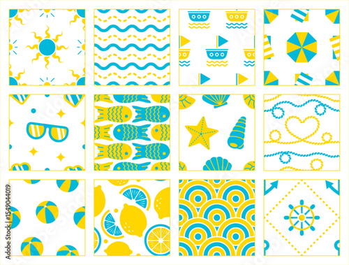 Seamless pattern collection of 12 summer-themed elements including sun, waves, umbrellas, lemons, shells, and more in yellow and blue tones.