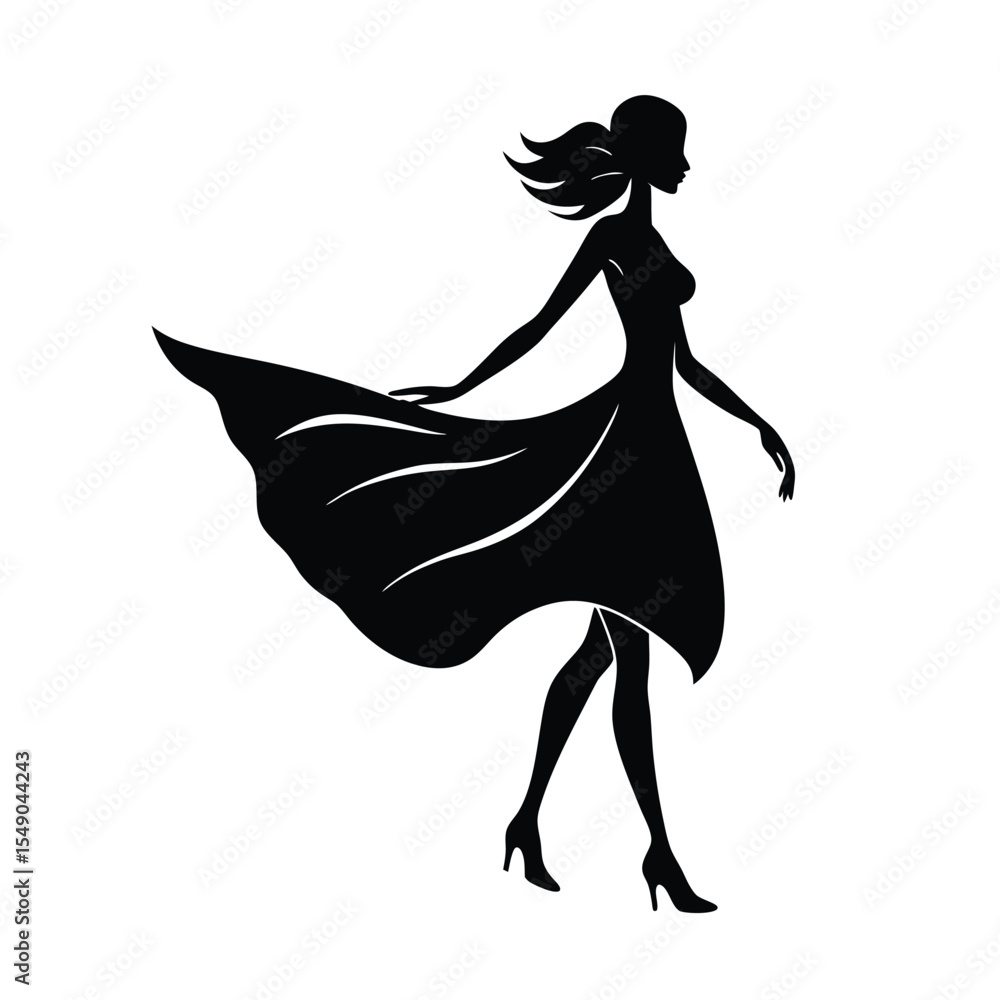 Elegant black silhouette art of a woman in a flowing dress walking with grace and style Elegant black silhouette art of a woman in a flowing dress walking with grace and style