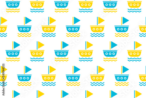 Seamless nautical pattern featuring ships and ocean waves in blue and yellow tones on a white background.