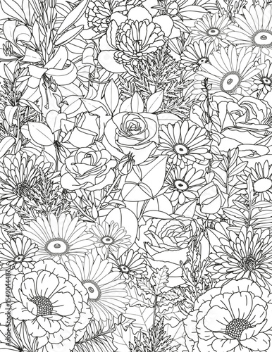 Abstract floral background. Pattern of different flowers. Coloring page for adults and children.