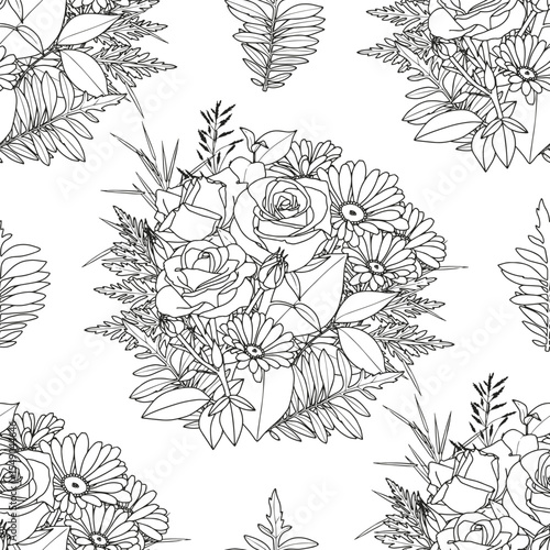 Abstract floral background. Pattern of bouquets of roses. Coloring page for adults and children.