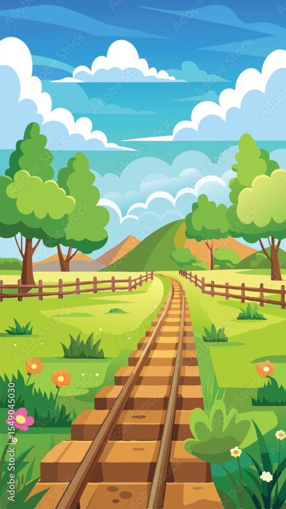 Naklejka premium Cartoon Railway Track Vertical Scenery. Portrait Vector Illustration of a Train Railroad through a Landscape. Cute Journey Wallpaper for Mobile