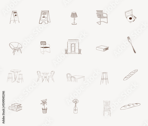 Vector doodle icons of cafe furniture and decor. Includes cozy chairs, tables, lamps, flowers, vinyl player, and signage. Minimal aesthetic for cafe design, web, and illustration projects.