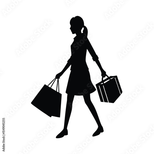 Elegant silhouette art depicting a woman walking with shopping bags in a fashionable style