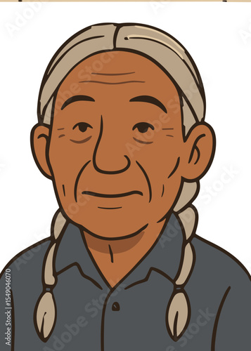 Elderly Native American Man with Braids — Vector Portrait