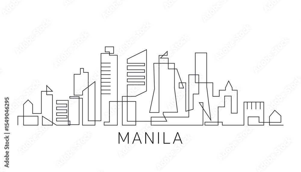 Fototapeta premium Manila stroke, single art skyline. Continuous urban panorama silhouette outline, vector illustration of Philippines city with buildings, skyscrapers. Thin line icon, logo, card