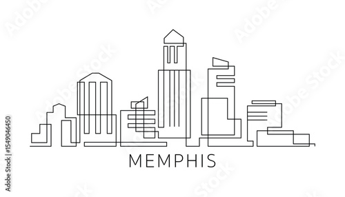 Memphis stroke, single art skyline. Continuous urban panorama silhouette outline, vector illustration of USA, Tennessee state city with buildings, skyscrapers. Thin line icon, logo, card
