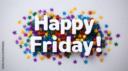 Happy Friday text illustration greeting with full colorful  color on background with stars and confetti, great for social media posts, greeting cards, or weekend promotions.