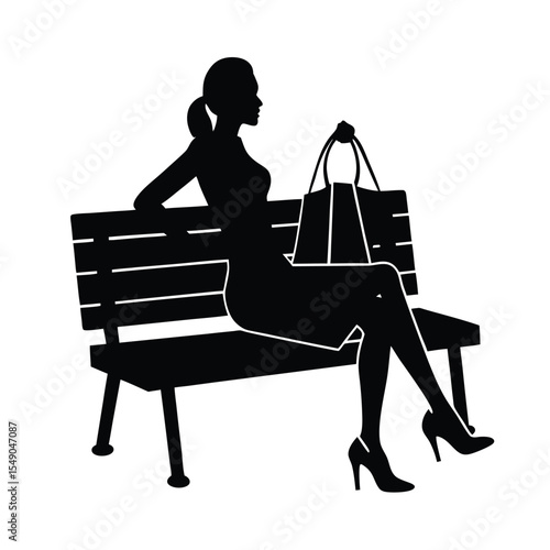 Elegant silhouette art of a woman relaxing on a bench after a shopping spree holding bags
